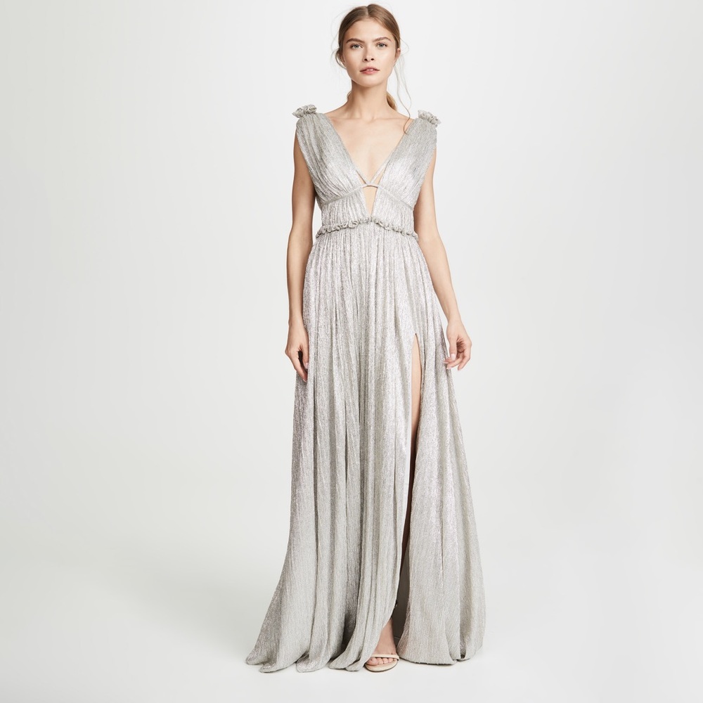 Jonathan Simkhai Plisse Lame Silver Metallic Gown / Maxi Dress